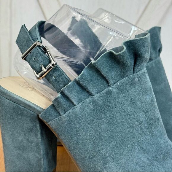 Seychelles by Anthropologie Sightseeing Suede Slingback Peep Toe Heels Teal 9 - Picture 7 of 11